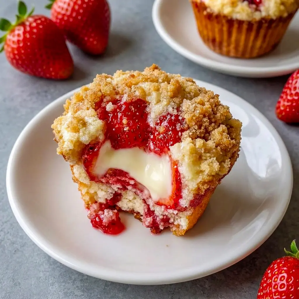 Strawberry Cream Cheese Muffins baked as cozy Muffins With Filling for breakfast or snack time.
