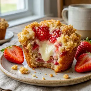 Strawberry Cream Cheese Muffins on a brunch tray with Muffin Filling Ideas and a soft golden crumb.