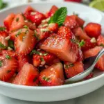 A refreshing bowl of Strawberry Watermelon Salad topped with fresh mint and drizzled with Strawberry Watermelon Salad With Honey Lime Vinaigrette for the perfect summer side dish.