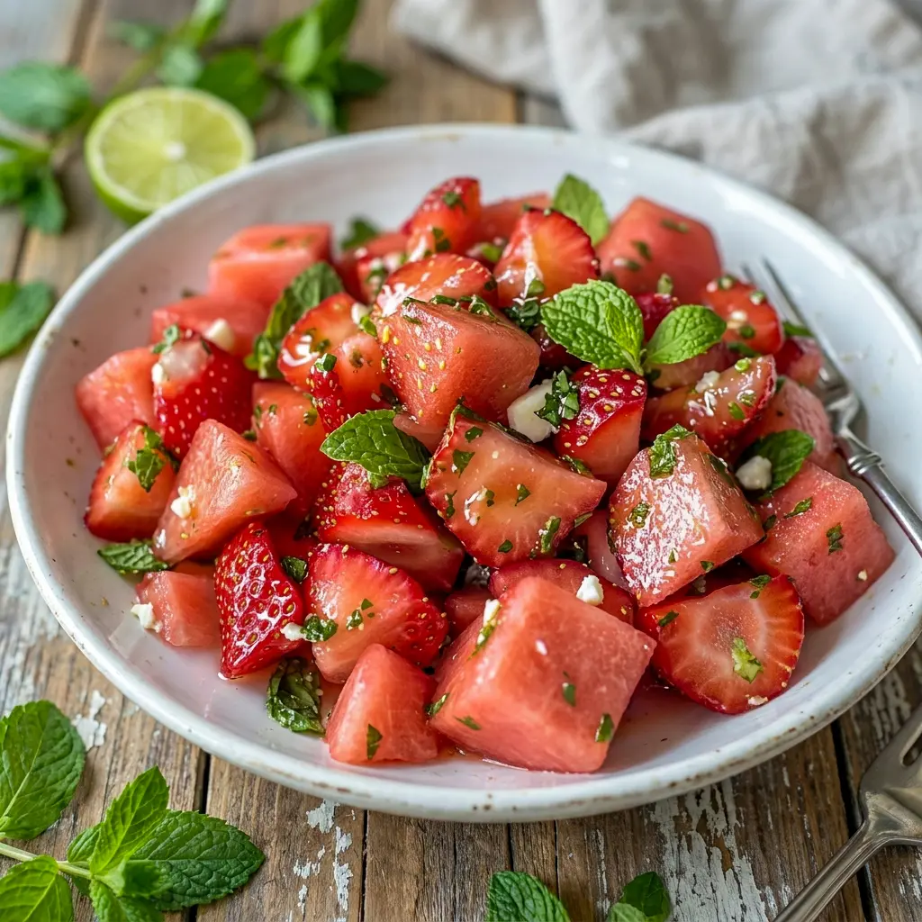 Fresh Strawberry Watermelon Salad made with juicy watermelon, ripe strawberries, and a light Watermelon Lime Salad dressing for picnics and BBQs.
