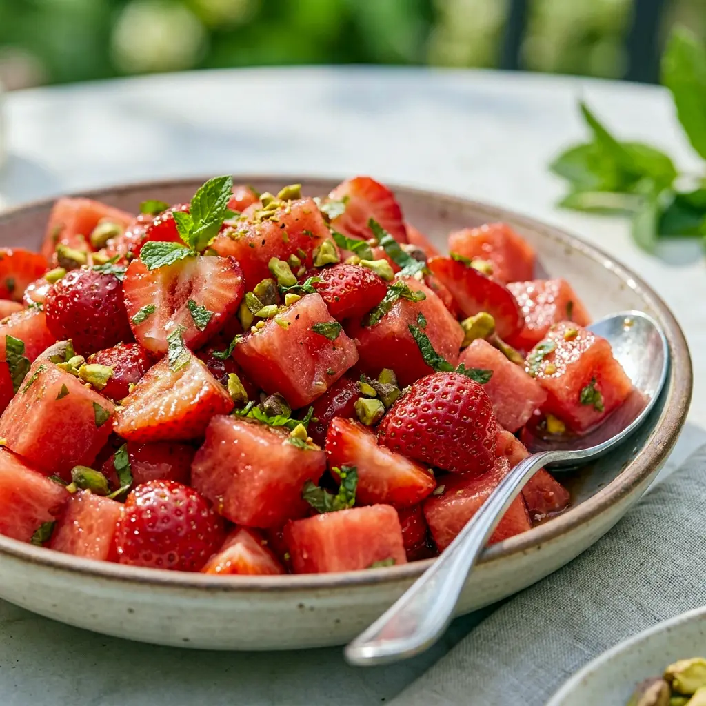 Colorful Strawberry Watermelon Salad served with a homemade Watermelon Strawberry Salad Dressing that adds the perfect balance of sweet and citrus flavors.