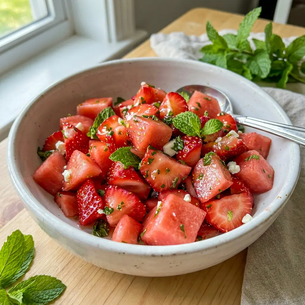 Chilled Strawberry Watermelon Salad with vibrant berries, watermelon cubes, and a refreshing Lime Dressing For Watermelon Salad for an easy warm-weather recipe.