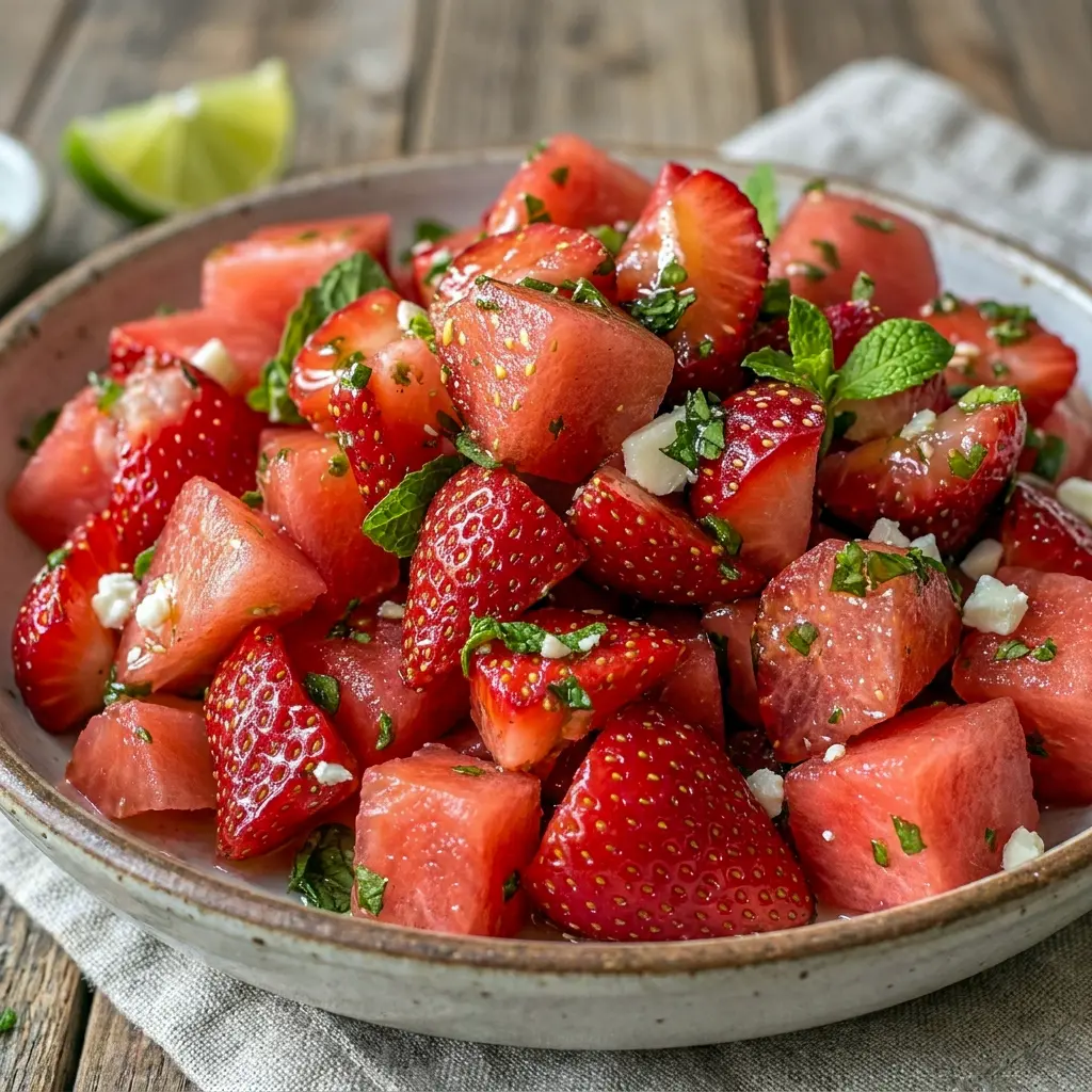 Delicious Strawberry Watermelon Salad featuring fresh mint and juicy fruit, inspired by a bright Strawberry Watermelon Mint Salad that's perfect for summer entertaining.