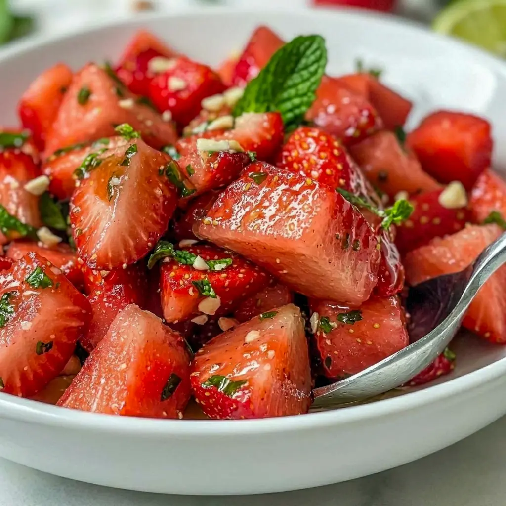A refreshing bowl of Strawberry Watermelon Salad topped with fresh mint and drizzled with Strawberry Watermelon Salad With Honey Lime Vinaigrette for the perfect summer side dish.