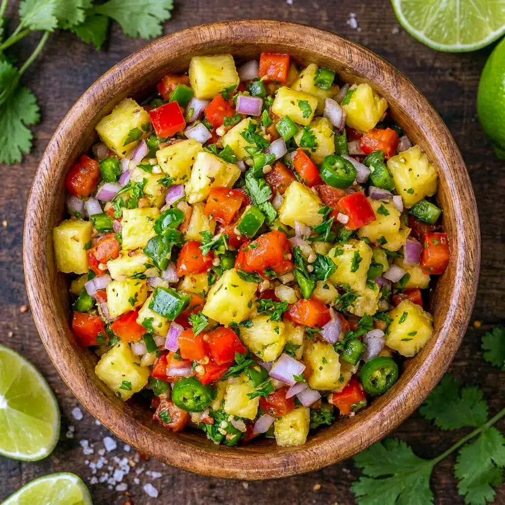 Freshly mixed Pineapple Salsa styled for Homemade Recipes, with juicy pineapple and colorful diced vegetables.