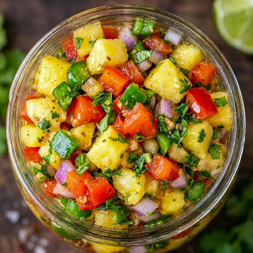 A close-up of Pineapple Salsa for Food Info and taco night, showing a sweet and spicy fresh salsa finish