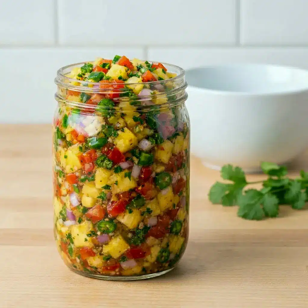 A bright bowl of Pineapple Salsa with Salsa Ingredients like lime, cilantro, and jalapeño, ready for chips and tacos.