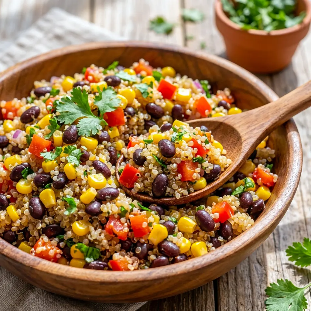A colorful close-up of Black Bean and Corn Quinoa Salad with lime dressing, perfect for Meatless Meal Prep Ideas and easy lunches.