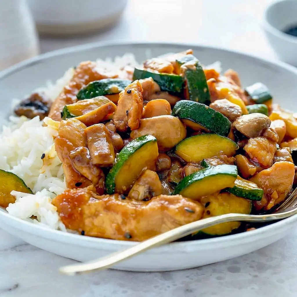 This flavorful Copycat Panda Express Mushroom Chicken creates a satisfying Chinese Chicken Mushroom Rice dinner with mushrooms, zucchini, and glossy stir-fry sauce.