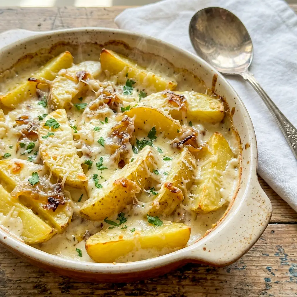 A serving dish of Creamy Parmesan Oven-Baked Potatoes styled as the Best Side Dish for a comforting family meal.