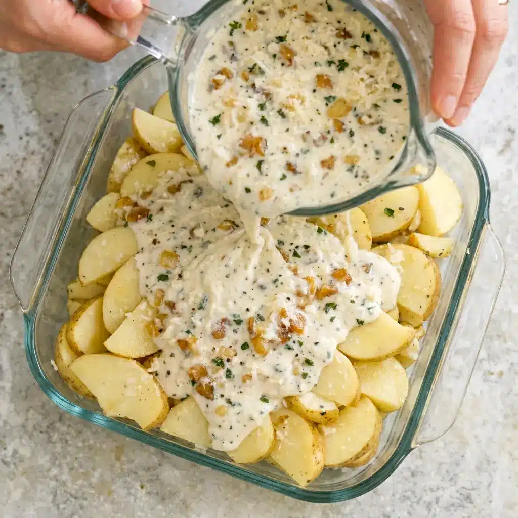A bubbling tray of Creamy Parmesan Oven-Baked Potatoes that makes one of the best Dinner Sides For Pasta.