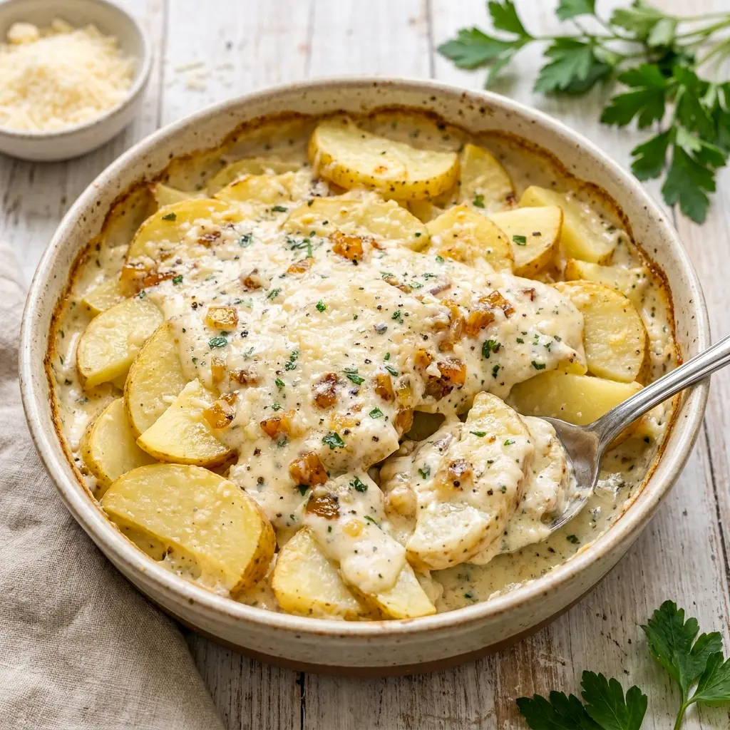 A warm casserole of Creamy Parmesan Oven-Baked Potatoes among the tastiest Meals To Go With Potatoes for dinner.