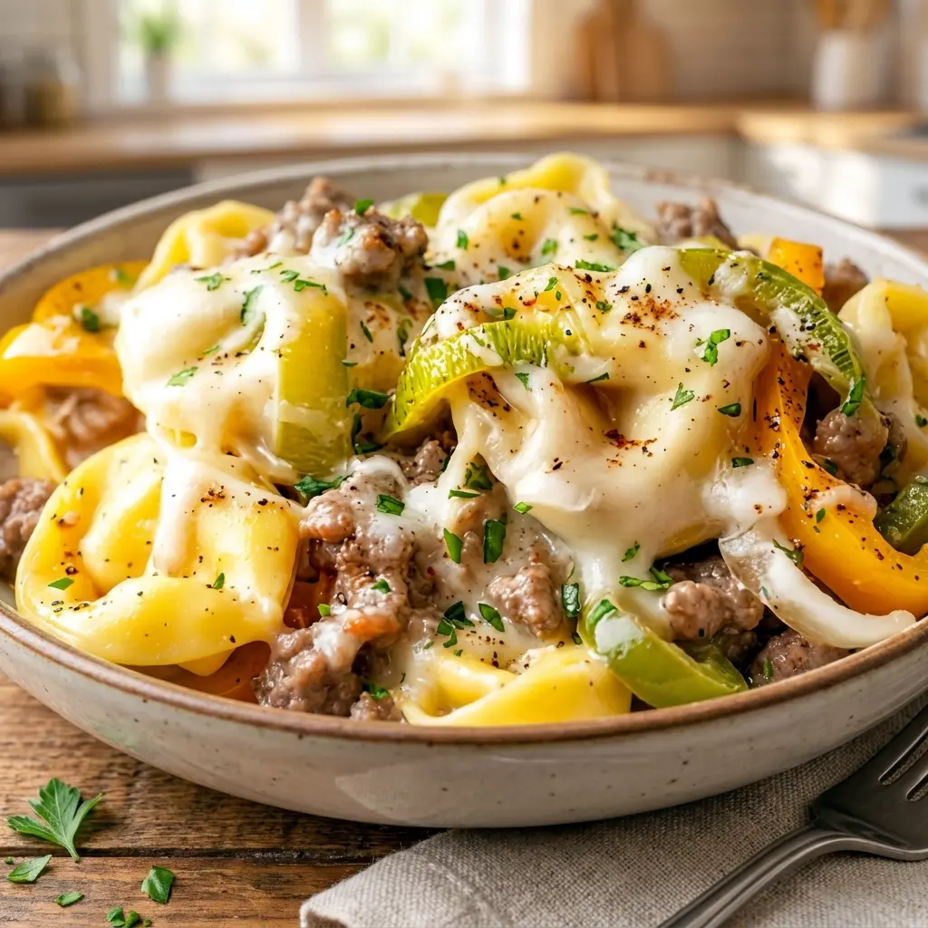 Hearty and comforting, Crock Pot Cheesesteak Tortellini topped with savory beef and tortellini, perfect for Two Person Crockpot Meals that still feel filling.