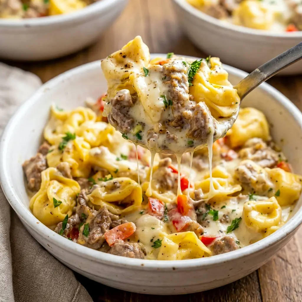 Rich and cheesy, Crock Pot Cheesesteak Tortellini with peppers and onions, a delicious pick for Cheesy Crockpot Recipes on busy nights.