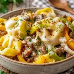 Cozy and creamy, Crock Pot Cheesesteak Tortellini served in a bowl with melted cheese and pasta, styled as one of the best Easy Sunday Dinner Ideas Crock Pots.