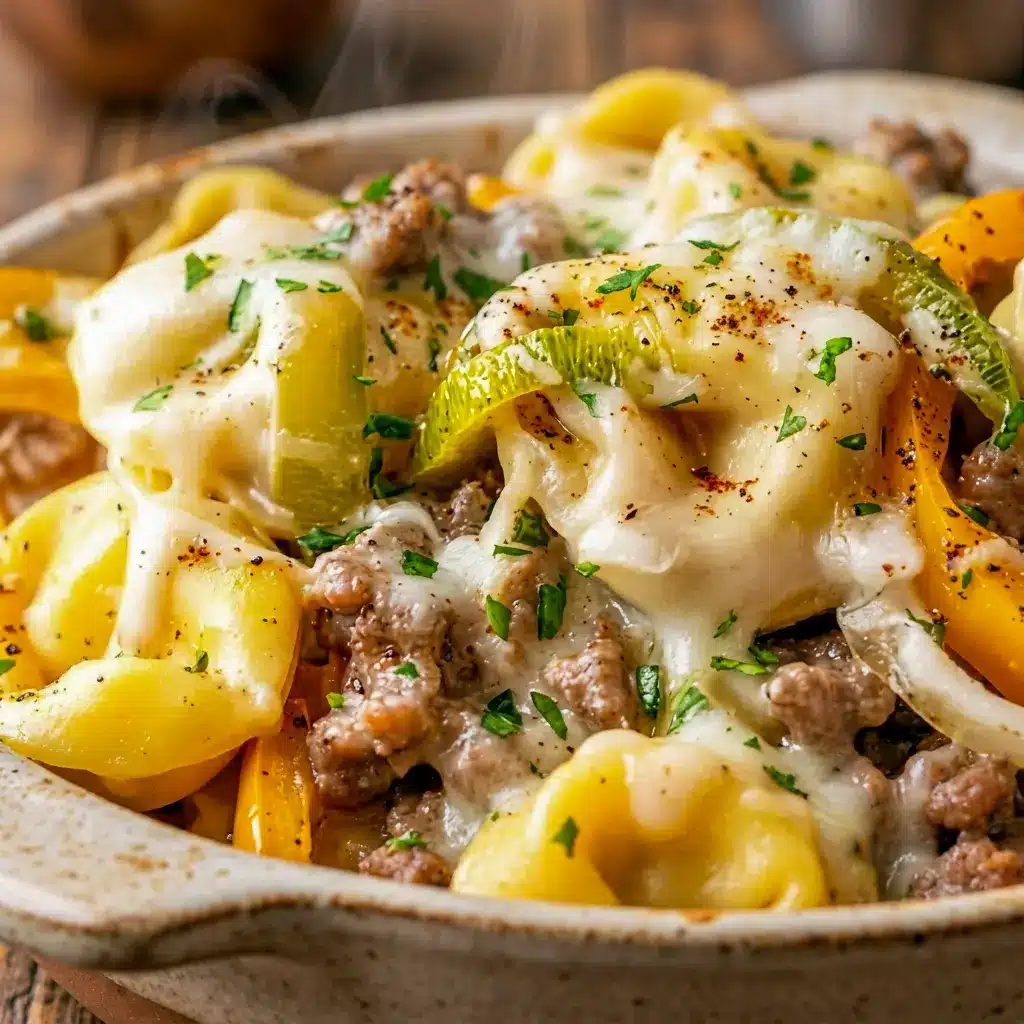 Family-friendly and satisfying, Crock Pot Cheesesteak Tortellini made with ground beef and creamy sauce, ideal for Crock Pot Meals Easy Kid Friendly dinners.