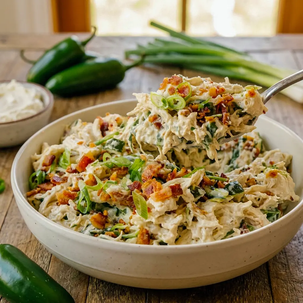 A low-carb bowl of Jalapeño Popper Chicken Salad made for Healthy Meal Prep and grab-and-go lunches.