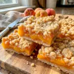 Golden Peach Crumble Bars feature a buttery crust, juicy peach filling, and rustic topping inspired by classic Peach Turnover Recipes.