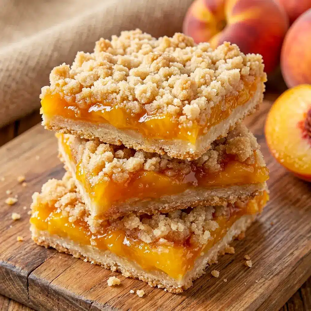 Freshly baked Peach Crumble Bars sit on a cooling rack with a crumbly finish reminiscent of Salted Caramel Peach Crumble Buns.