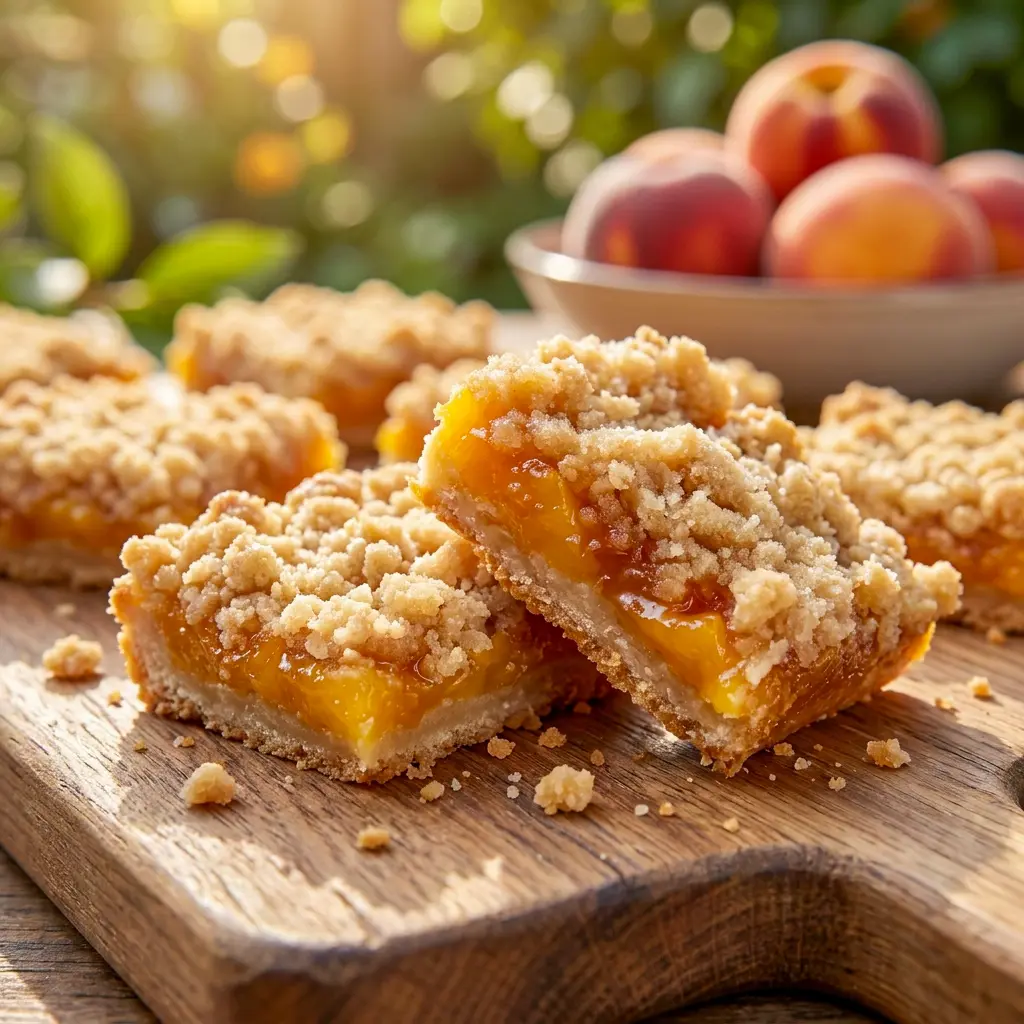 Easy Peach Crumble Bars made with ripe fruit create one of the best Desserts To Make With Fresh Peaches for summer gatherings.