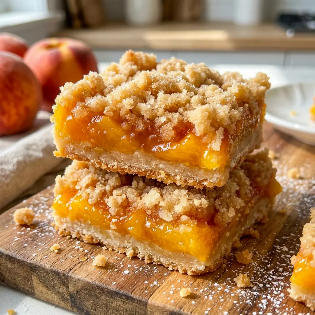 Sliced Peach Crumble Bars display a golden Peach Crumb topping and sweet peach layer, perfect for sharing at parties.