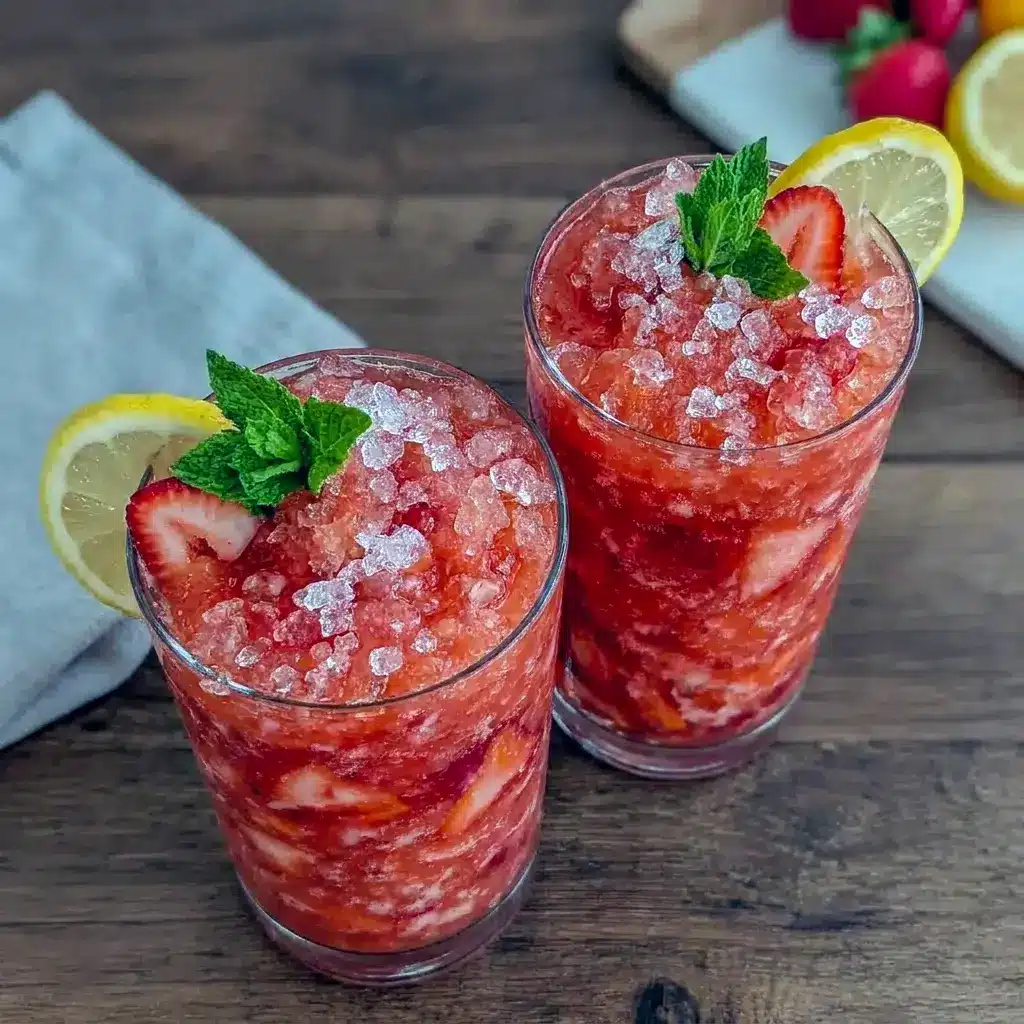 Bright and icy, Frozen Strawberry Lemonade Slushies are perfect Beverage Ideas for a cool picnic drink.