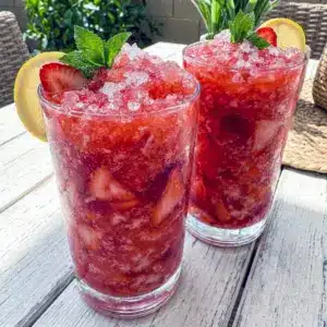 Frozen Strawberry Lemonade Slushies make a refreshing Homemade Slushy Recipes treat for hot summer afternoons.