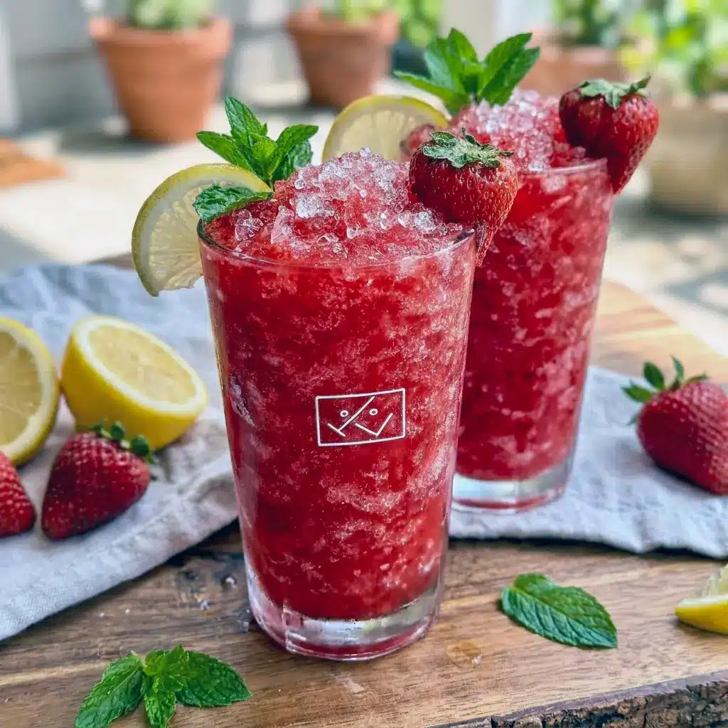 A tall glass of Frozen Strawberry Lemonade Slushies brings classic Homemade Icee flavor with fresh strawberry and lemon.