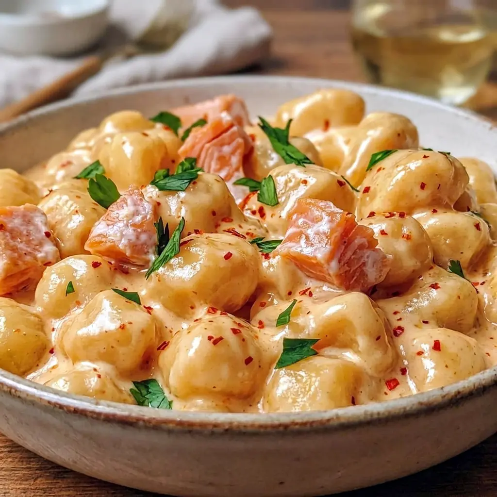 A bowl of Healthy Smoked Salmon Gnocchi with tender salmon and herbs, an easy Easy Smoked Salmon Recipe for a satisfying meal.
