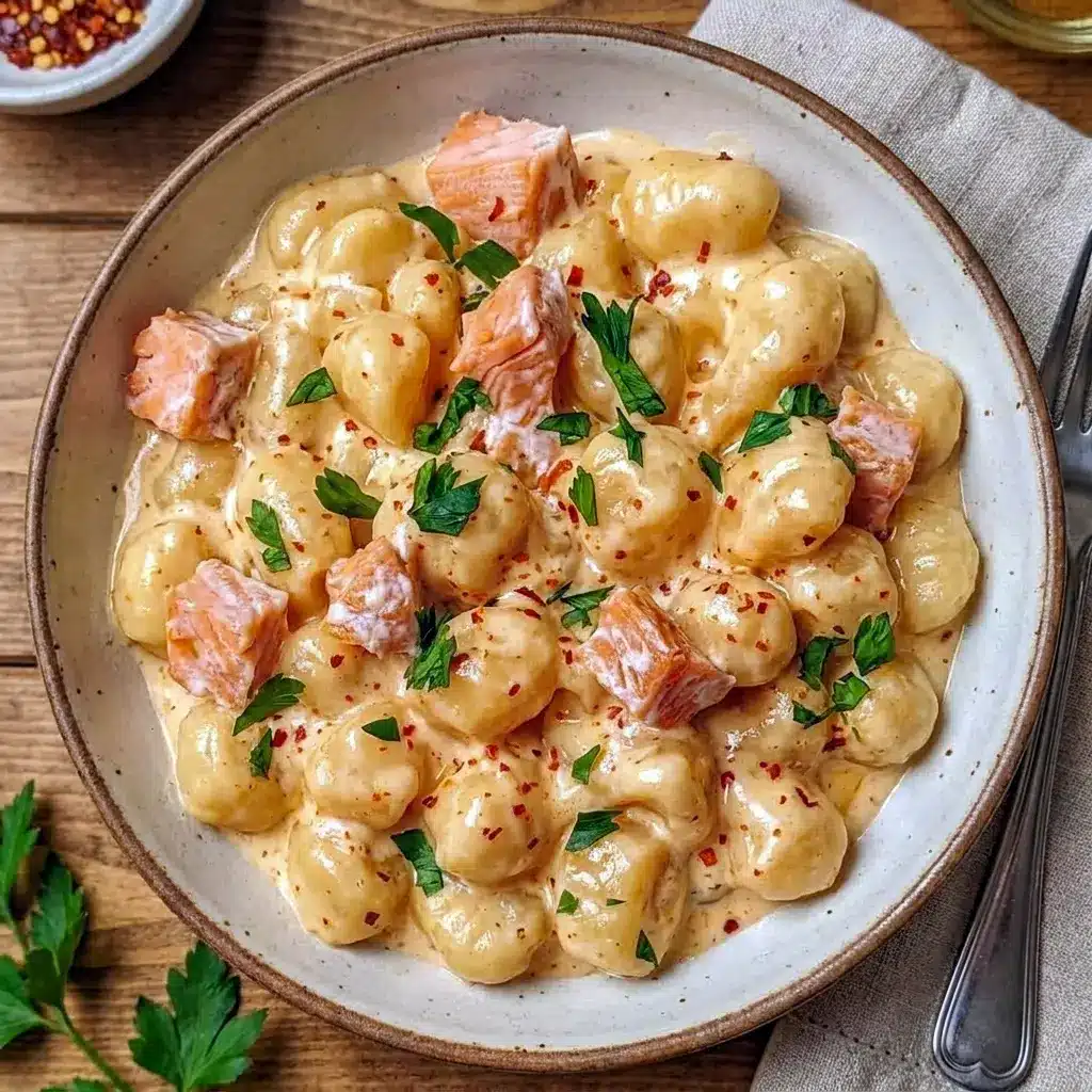 Close-up of Healthy Smoked Salmon Gnocchi with flaky smoked salmon and spinach, showing How To Make Smoked Salmon Gnocchi at home.