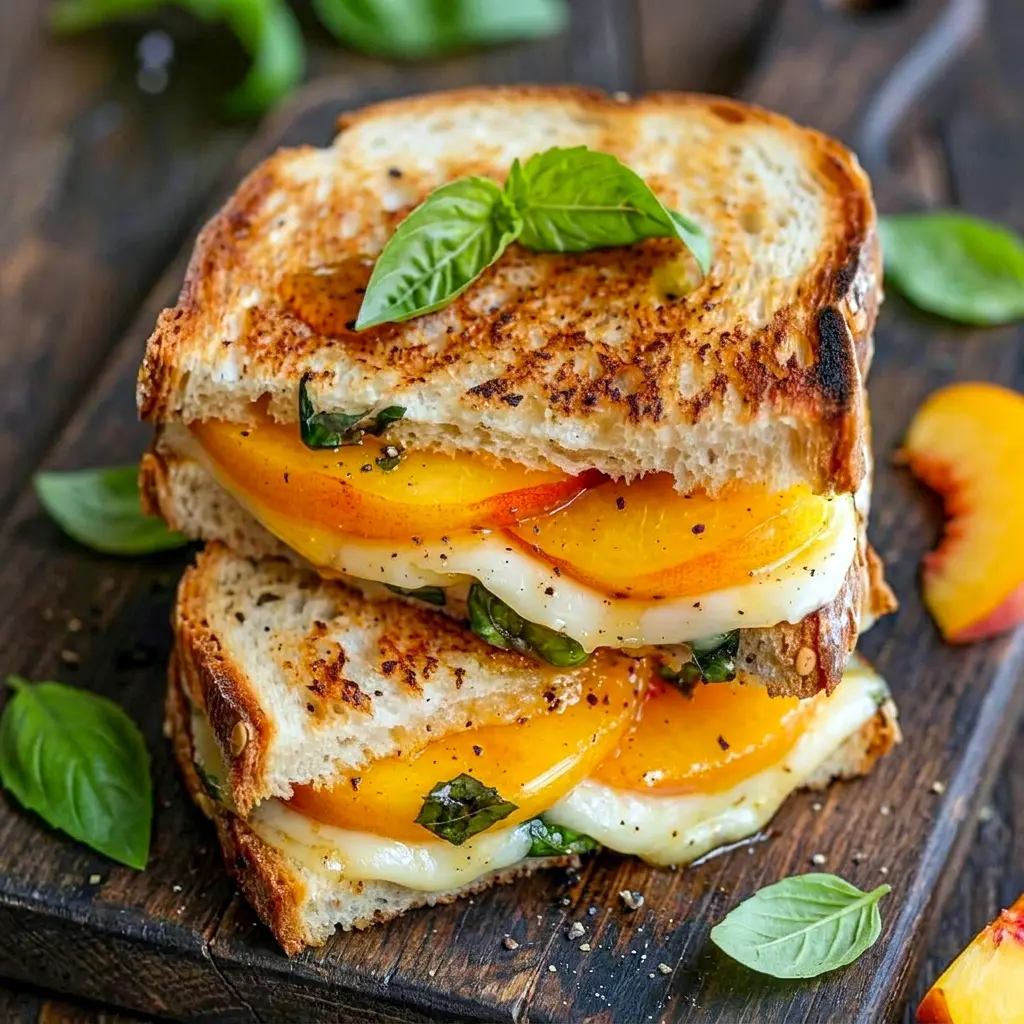 Honey Peach White Cheddar Grilled Cheese styled as a cozy Sweet Grilled Cheese With Honey with juicy peach slices and crisp buttery edges.