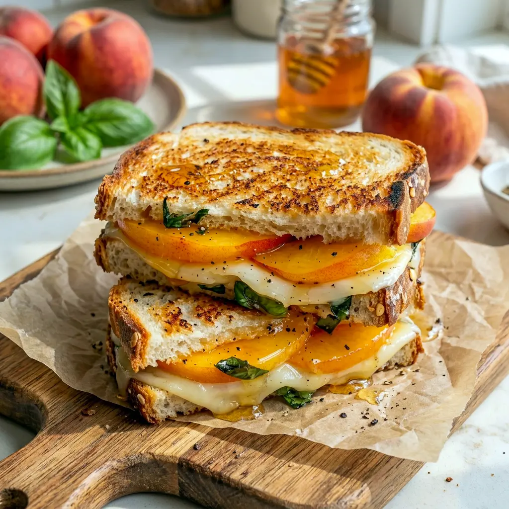 Honey Peach White Cheddar Grilled Cheese shown as a fresh Summer Peach Sandwich with honey drizzle and sharp white cheddar.