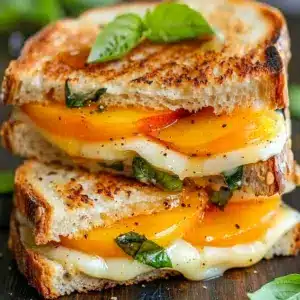 Honey Peach White Cheddar Grilled Cheese served on golden toasted bread with a sweet Peach Grilled Cheese filling and melted cheese.
