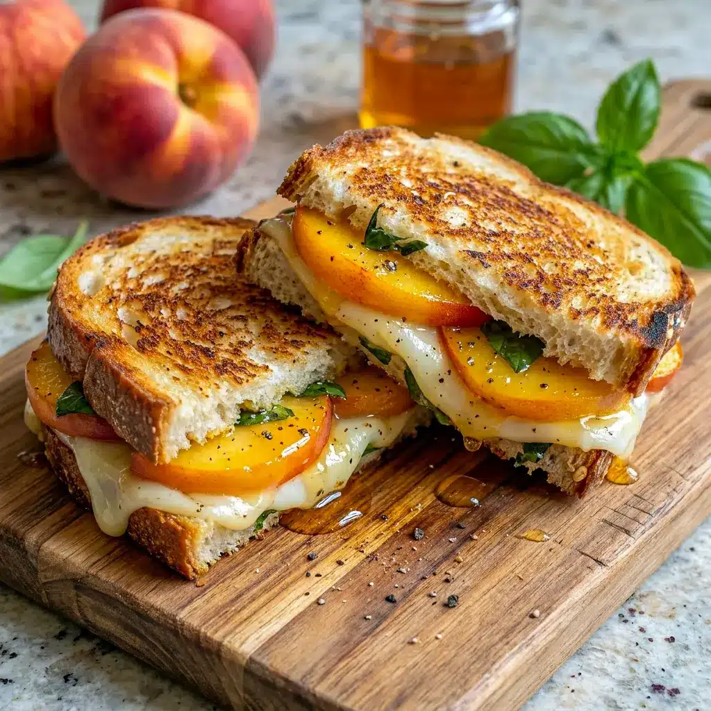 Honey Peach White Cheddar Grilled Cheese presented as an Elevated Grilled Cheese with peaches, ricotta, and a glossy toasted crust.