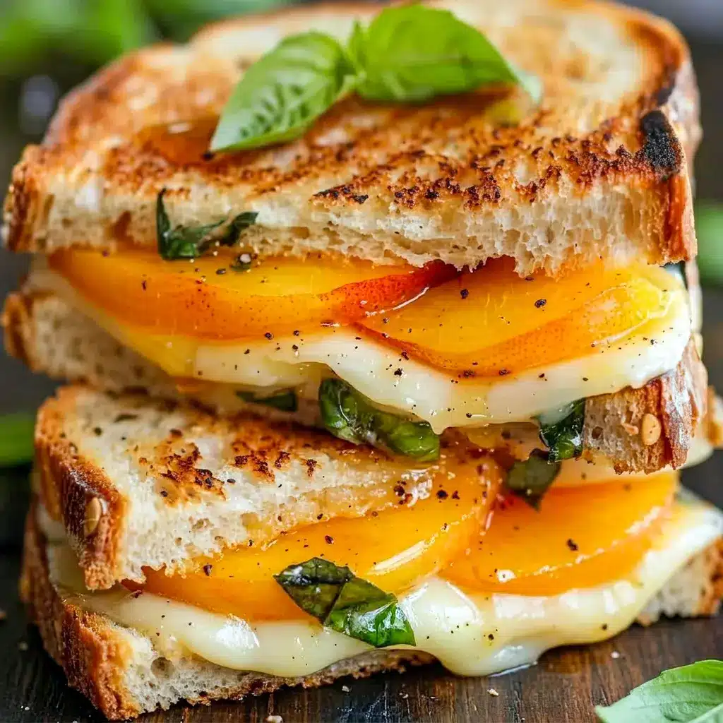 Honey Peach White Cheddar Grilled Cheese served on golden toasted bread with a sweet Peach Grilled Cheese filling and melted cheese.