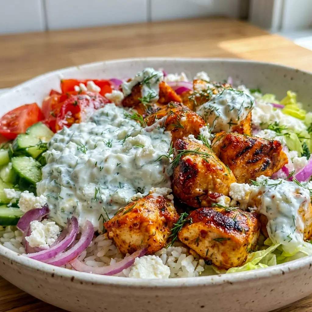 Bright and satisfying, Mediterranean Lemon Dill Chicken Bowls are an Easy Low Cal Dinner with crisp vegetables and zesty lemon-herb flavor.