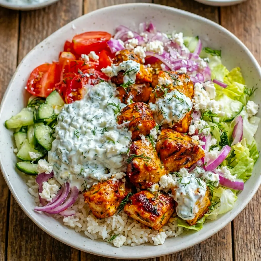 Mediterranean Lemon Dill Chicken Bowls are perfect for Protein Meals Lunch, with marinated chicken, fluffy rice, feta, and fresh dill sauce.