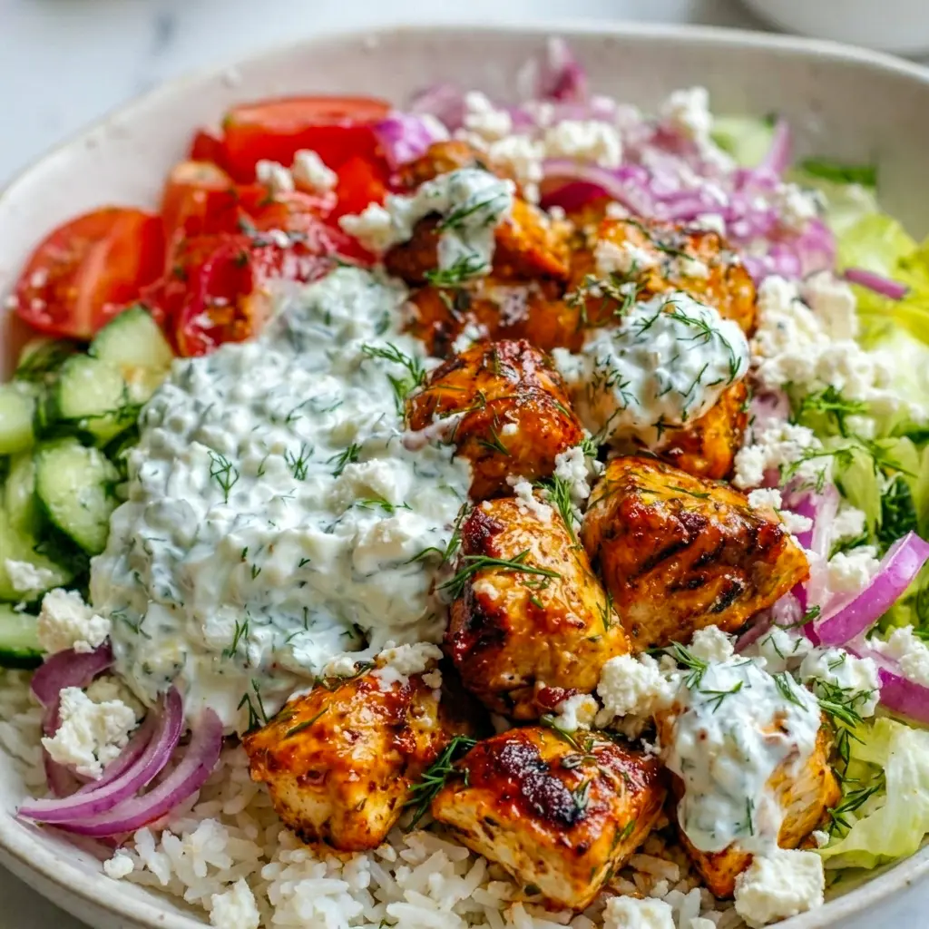 Cool and colorful, Mediterranean Lemon Dill Chicken Bowls fit Dinner Recipes For Hot Days, served with cucumber, tomatoes, and creamy tzatziki.