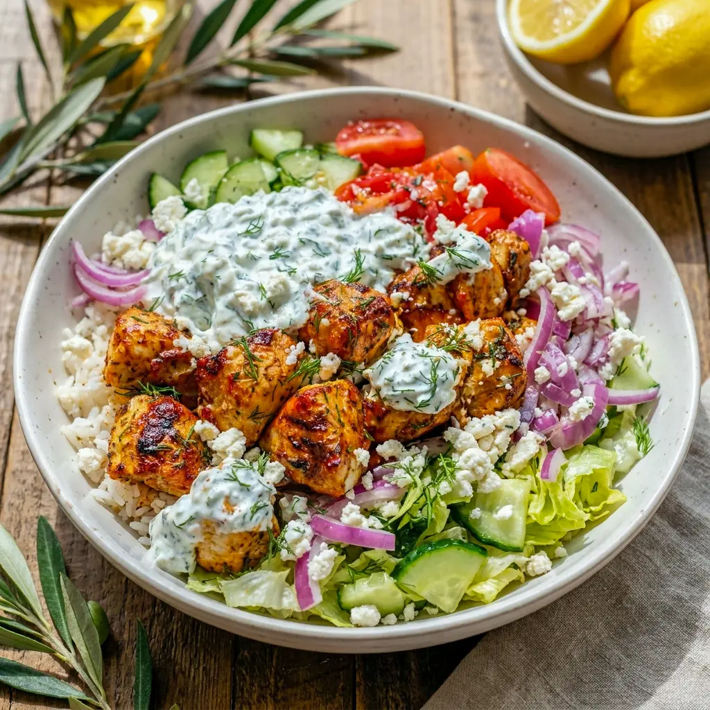 Mediterranean Lemon Dill Chicken Bowls make a fresh Mediterranean Lemon Chicken Bowl with juicy chicken, rice, cucumber, tomatoes, and creamy tzatziki.