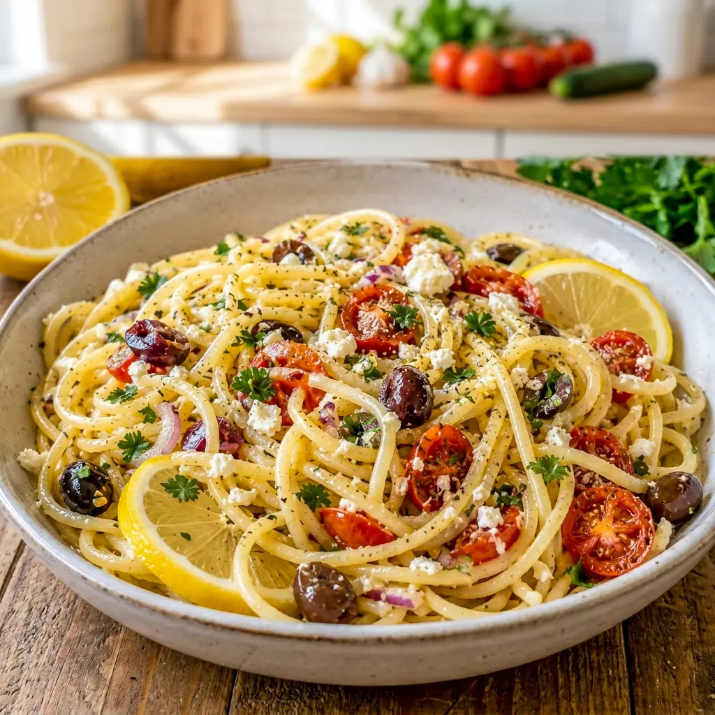 A glossy plate of Mediterranean Lemon Pasta with garlic and citrus sauce, styled as one of the easiest Mediterranean Healthy Meals.