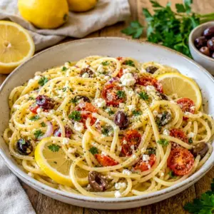 A bright bowl of Mediterranean Lemon Pasta tossed with herbs and olive oil, perfect for Light Summer Entrees on warm nights.