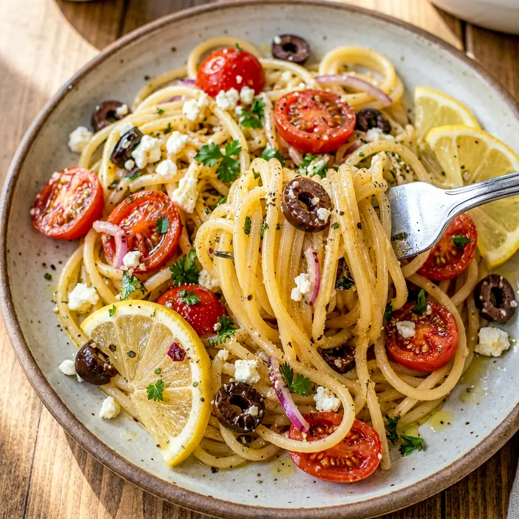 A fresh serving of Mediterranean Lemon Pasta with a light olive oil sauce, ideal for Mediterranean Food Ideas and quick dinner inspiration.