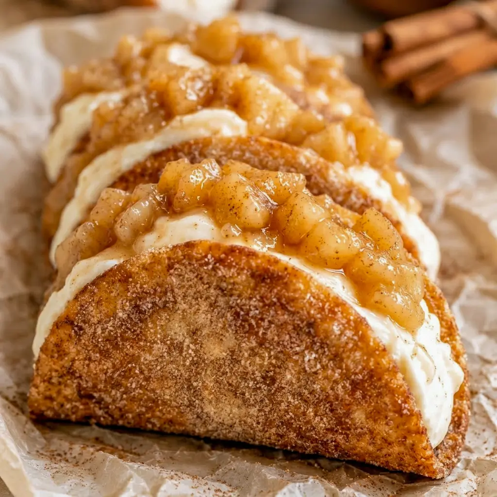 Close-up of Apple Pie Cheesecake Tacos drizzled with caramel, a fun and easy mexican inspired dessert.