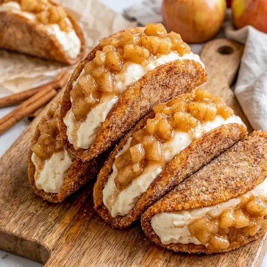 Warm cinnamon apples topping Apple Pie Cheesecake Tacos, showing exactly what to do with apple pie filling.
