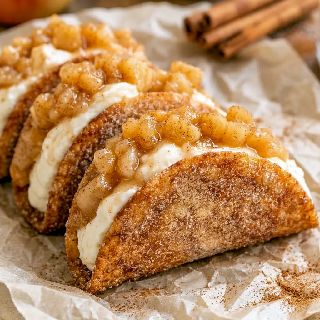 Crispy shells filled with creamy filling make these Apple Pie Cheesecake Tacos one of the best taco night desserts.
