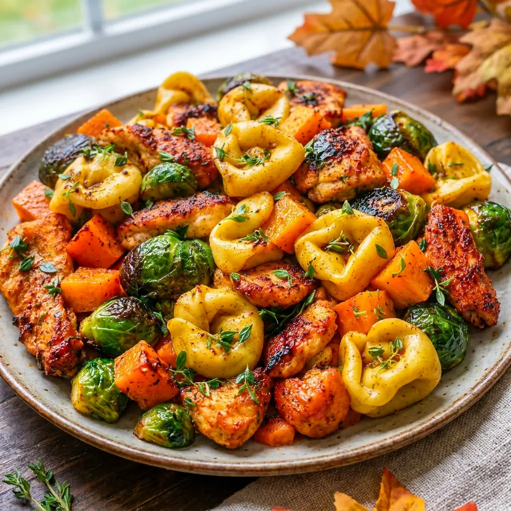 Close-up of seared chicken and roasted squash in Autumn Chicken Dinner with Roasted Vegetables, one of the best Simple Fall Meals.