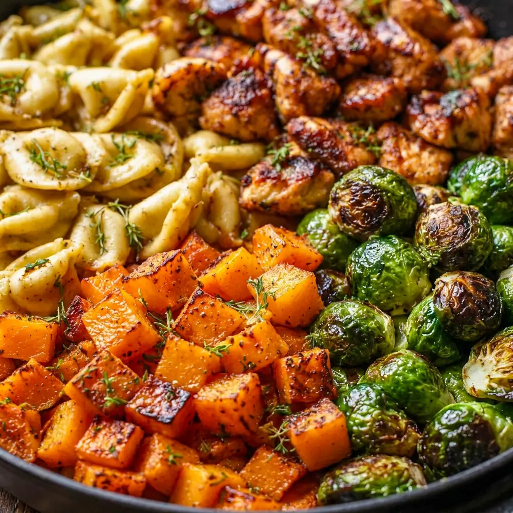 Overhead shot of Autumn Chicken Dinner with Roasted Vegetables with tortellini and Brussels sprouts, a true Amazing Dinner.
