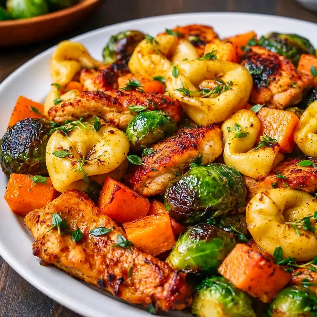A bowl of Autumn Chicken Dinner with Roasted Vegetables garnished with thyme, ideal for Simple Family Dinner nights.