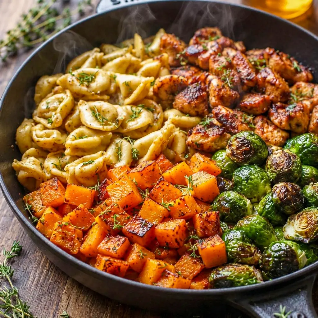A skillet of Autumn Chicken Dinner with Roasted Vegetables fresh off the stove, perfect Dinner For Fall Weather.