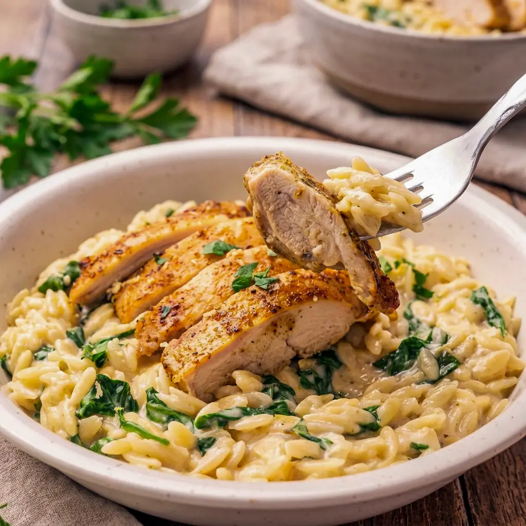 Overhead shot of Baked Chicken Orzo with spinach and lemon, a comforting addition to any list of chicken main dishes.